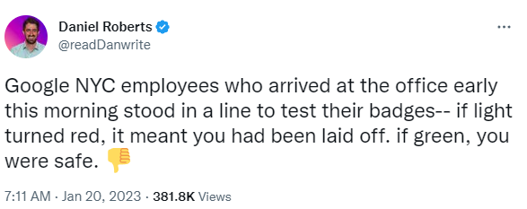 纽约Google办公室的一些员工提前到了公司，然后排队一个个测试他们的工牌能不能用，如果变红，意味着被裁， ...