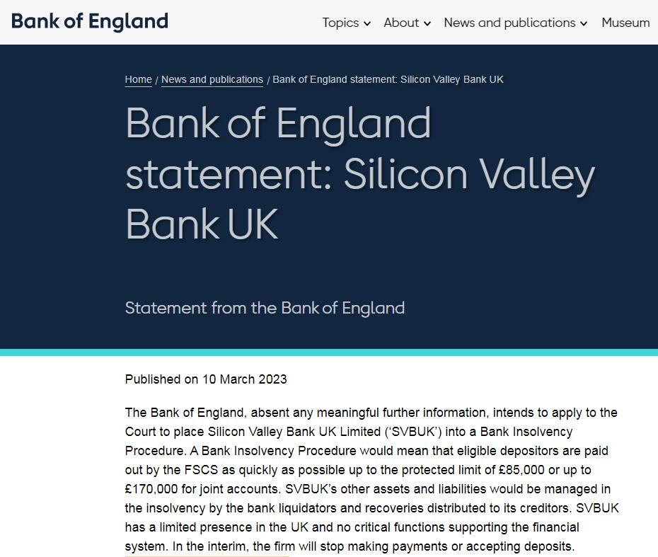 英国央行(英格兰银行)发布公告称，打算向法院申请，将硅谷银行英国附属公司(以下简称“SVB UK”)列入银行破 ...