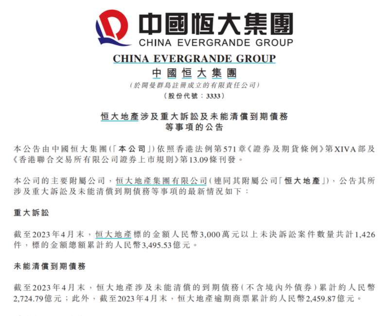 中国恒大在联交所发布关于境外债务重组最新消息的公告