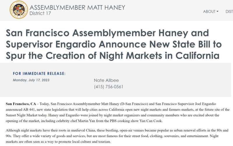 这项新法将帮助加州各地城市开设新的夜市和农贸市场