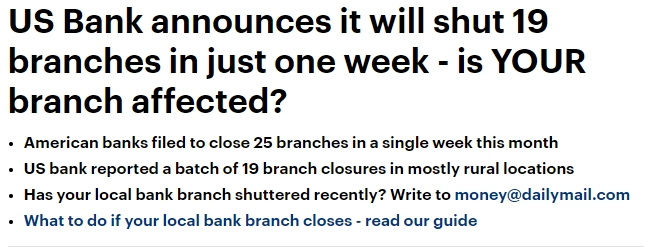 美国合众银行（US Bank）计划在一周内关闭19家分行
